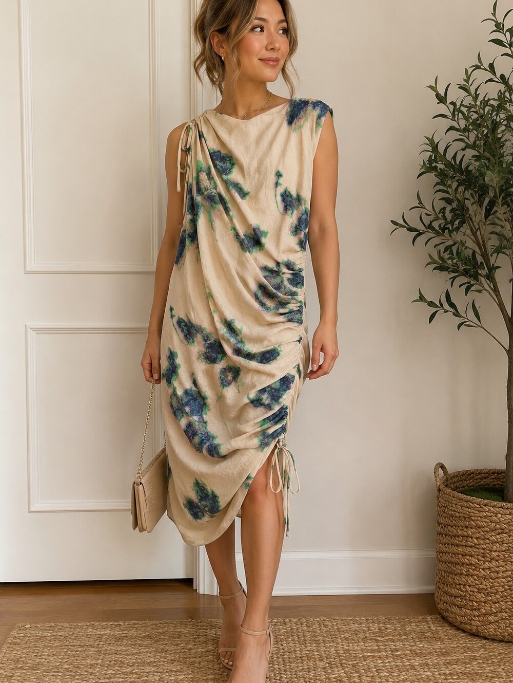 Zara Beige Asymmetrical Dress with Green & Blue Floral Print